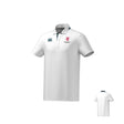 The Teamatical Littleton Scots ECO-SUBLIMATE SS POLO in white features a collar, two chest embroidered logos, a contrasting inner collar, and is shown from both front and back.