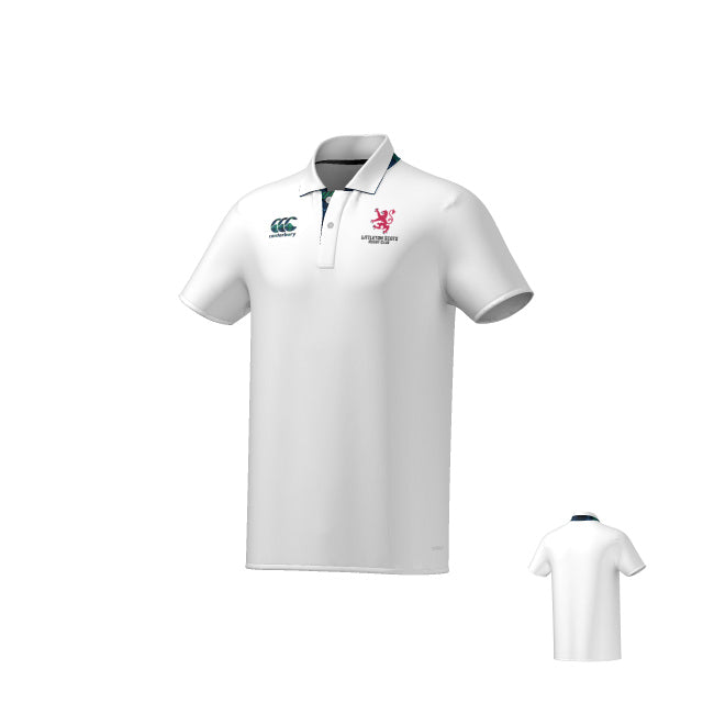 The Teamatical Littleton Scots ECO-SUBLIMATE SS POLO in white features a collar, two chest embroidered logos, a contrasting inner collar, and is shown from both front and back.