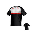 Teamatical Amoskeag Rugby Club Canterbury Legacy Performance Tee features black and white short sleeves, red stripe, club logo on chest, and brand logo on right shoulder; shown from front and back.