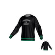 The Teamatical Birmingham Vulcans DNA Denver Crew Sweater is a black rugby-style sweatshirt with green-striped cuffs and hem, "Birmingham Rugby" in white on the front, made from cozy DNA-WARM fleece; the back is plain.
