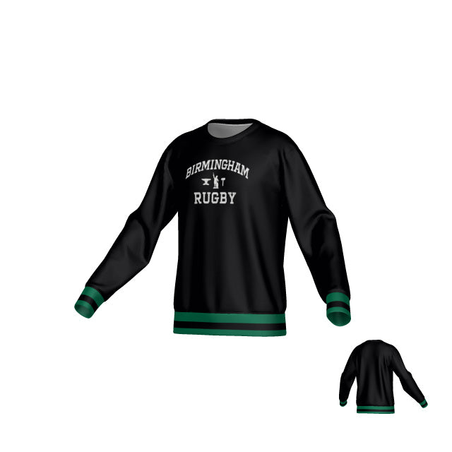 The Teamatical Birmingham Vulcans DNA Denver Crew Sweater is a black rugby-style sweatshirt with green-striped cuffs and hem, "Birmingham Rugby" in white on the front, made from cozy DNA-WARM fleece; the back is plain.