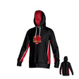 The Teamatical Godzilla Rugby Canterbury Kirra Performance Hoody - Black features a bold “Godzilla” dragon logo on the front, white drawstrings, and striking red and white sleeve accents. Inspired by technical apparel designs from Canterbury Kirra, this black and red hooded sweatshirt offers both front and back detailing for a complete performance look.