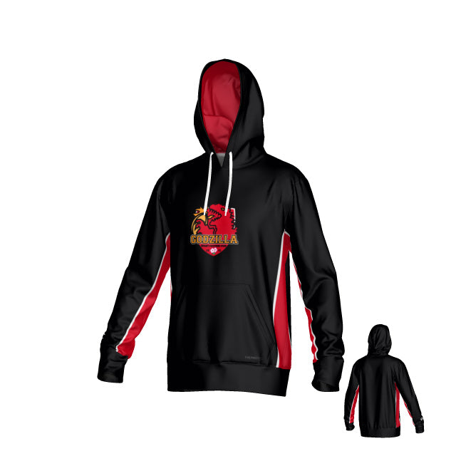 The Teamatical Godzilla Rugby Canterbury Kirra Performance Hoody - Black features a bold “Godzilla” dragon logo on the front, white drawstrings, and striking red and white sleeve accents. Inspired by technical apparel designs from Canterbury Kirra, this black and red hooded sweatshirt offers both front and back detailing for a complete performance look.