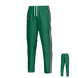The image features the Teamatical Birmingham Vulcans DNA Denver Woven Pants: green athletic pants with a white drawstring, gray side stripes, and a small shield logo on the upper left leg, shown from both front and back views.
