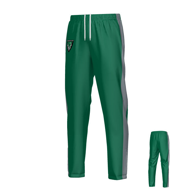 The image features the Teamatical Birmingham Vulcans DNA Denver Woven Pants: green athletic pants with a white drawstring, gray side stripes, and a small shield logo on the upper left leg, shown from both front and back views.
