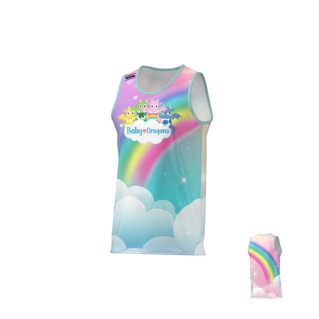 The Teamatical MENS ECO-SUBLIMATE SINGLET is a sleeveless jersey with cartoon baby dragons, a rainbow, clouds, pastel blue and pink background, and "Baby Dragons" on the chest.