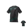The WOODLANDS YOUTH RUGBY CANTERBURY ECO-SUBLIMATE SS RAGLAN TEE by Teamatical features black and dark green short sleeves, a small left chest emblem, and right chest manufacturer's logo, shown in front and back views.