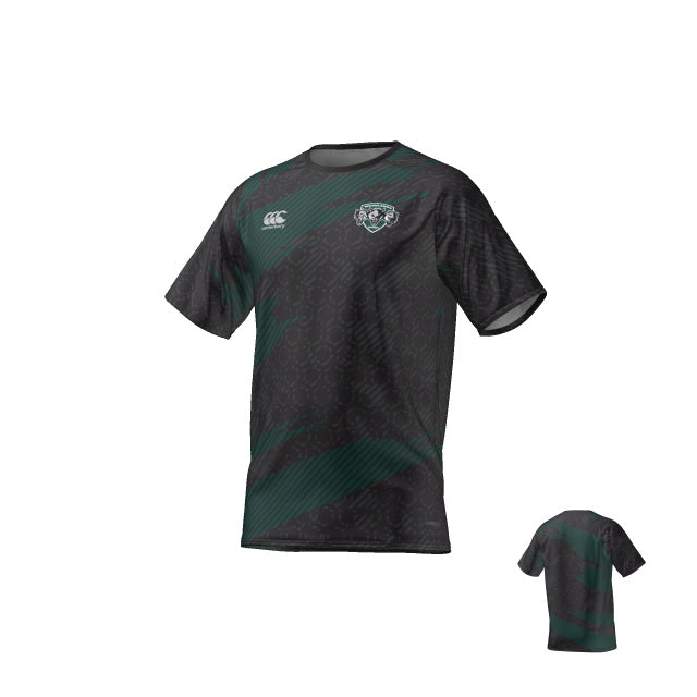 The WOODLANDS YOUTH RUGBY CANTERBURY ECO-SUBLIMATE SS RAGLAN TEE by Teamatical features black and dark green short sleeves, a small left chest emblem, and right chest manufacturer's logo, shown in front and back views.