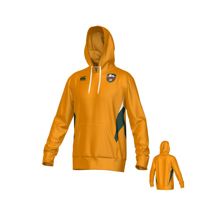 The RVA T.R.C Canterbury Hunter Performance Hoody by Teamatical features a vibrant orange design with white drawstrings, a front pocket, and green side panels, plus a logo on the left chest. Made from moisture-wicking fabric for optimal comfort, this hoody also offers a small rear view of the same sweatshirt.