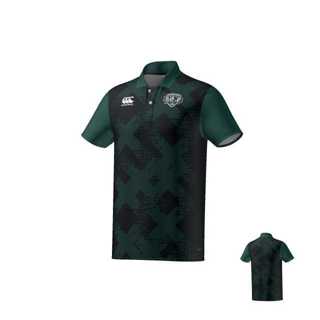 The WOODLANDS YOUTH RUGBY CANTERBURY ECO-SUBLIMATE SS POLO by Teamatical features dark green and black colors, a large X pattern, sports logo on the left chest, and a white logo on the right; front and back views shown.