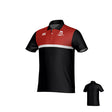 The Alabama Rugby Alliance Canterbury Legacy Performance Polo by Teamatical features short sleeves, a black body with a red upper section, white stripe, black collar, and team logos on the chest; shown front and back.