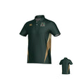 The Teamatical Lewis County Elks Canterbury Hunter Performance Polo features a dark green, short-sleeve design with gold accents, a crest on the left chest, and Elks branding with a logo on the right chest. Made from moisture-wicking fabric for all-day comfort. Back view is shown in the lower right corner.