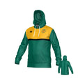 The Teamatical San Francisco Golden Gate Canterbury Legacy Performance Hoodie features green and yellow colors, a black stripe, front pocket, white drawstrings, and an embroidered left-chest crest. Rear view is shown on the right.