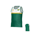 The Teamatical Siena College Canterbury Performance Singlet is a green and white sleeveless sports jersey with a yellow stripe and "SIENA RUGBY" logo on the chest, shown from front and back.