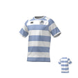 The AUSTIN HUNS RUGBY CANTERBURY ECO-SUBLIMATE SS RAGLAN TEE by Teamatical features light blue and white stripes, short sleeves, a club crest and logos on the chest, and horizontal stripes continuing on the back.