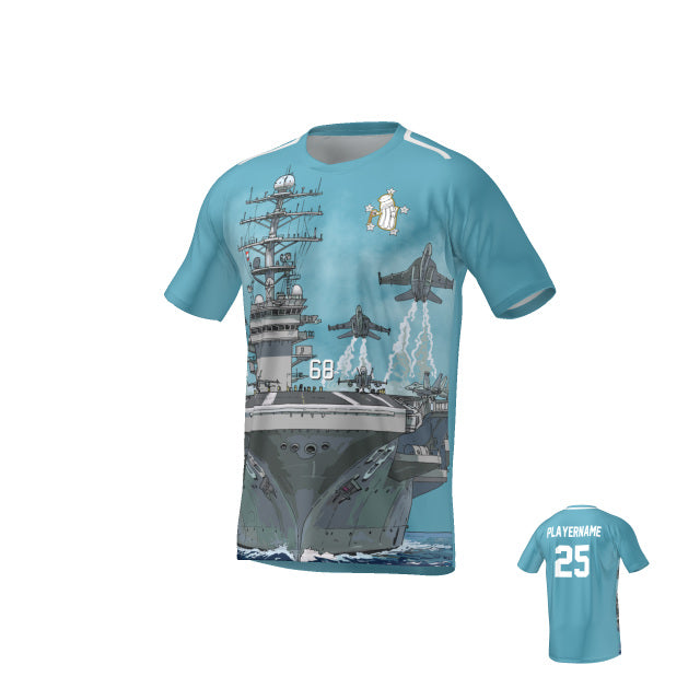 The Teamatical MENS MAKA JERSEY REGULAR is a light blue sports jersey with an aircraft carrier and jets graphic, number 68 on the front, and customizable name plus number 25 on the back.