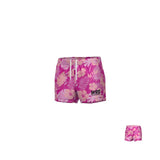 The Teamatical WRS WOMENS PRO SHORT - HAWAIIAN features a pink floral design, white drawstrings, and a "WRS" logo on the left leg, displayed in two sizes against a white background.