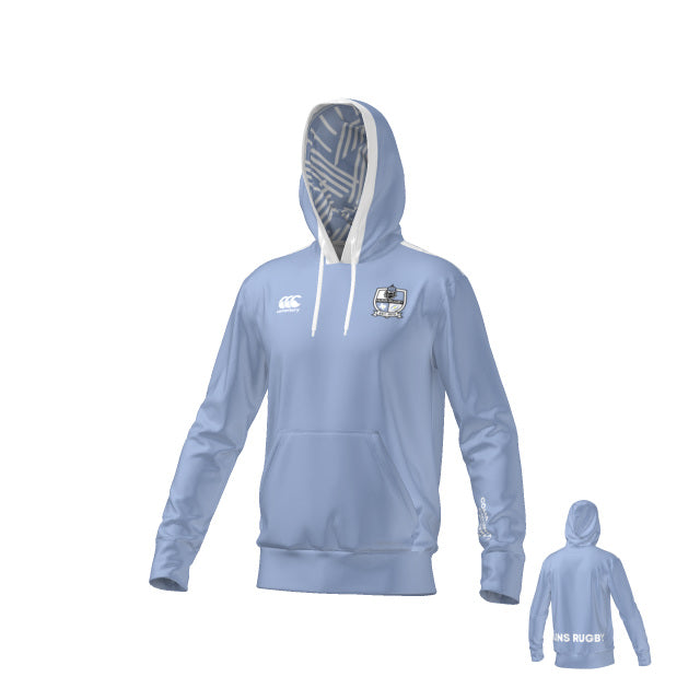 The Austin Huns CANTERBURY ECO-SUBLIMATE HOODIE by Teamatical is a light blue hoodie with front pocket, white drawstrings, and printed logos on the front and sleeve; back view included.
