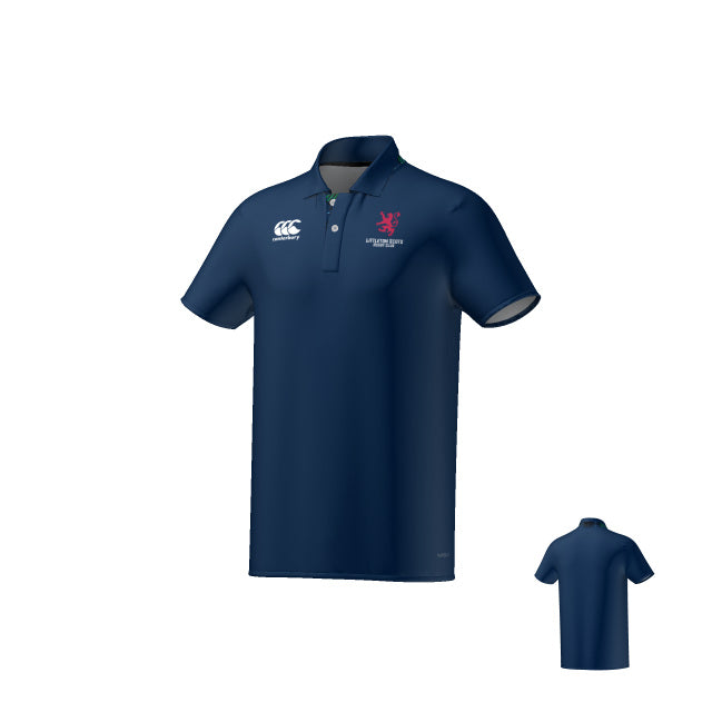 The Littleton Scots ECO-SUBLIMATE SS POLO by Teamatical is a navy short-sleeve polo featuring white and red chest logos, shown in both front and back views.