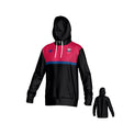 The Portland RFC Canterbury Legacy Performance Hoodie by Teamatical features a black body, pink upper section, blue chest stripe, white drawstrings, front pocket, and small left-chest logo. Rear view is in the bottom right.