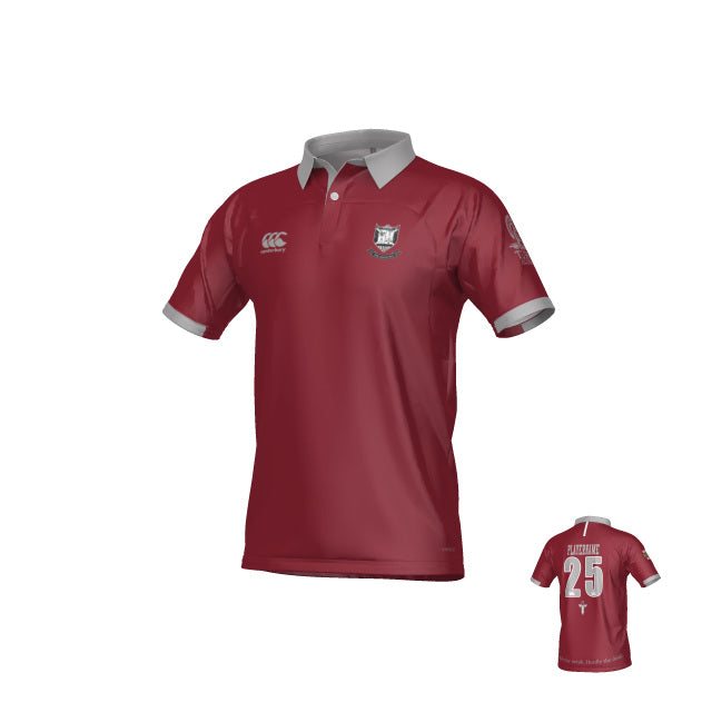 Front and back views of a maroon and grey short-sleeved Troy University Canterbury Kaha Jersey - Regular, featuring team logos and the number 25 on the back.
