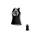 The Missoula All-Maggots Denver Tank - Womens by Teamatical features a sleeveless black and gray athletic design with a striking white spiral graphic on the front, displayed from both front and back views against a plain backdrop.