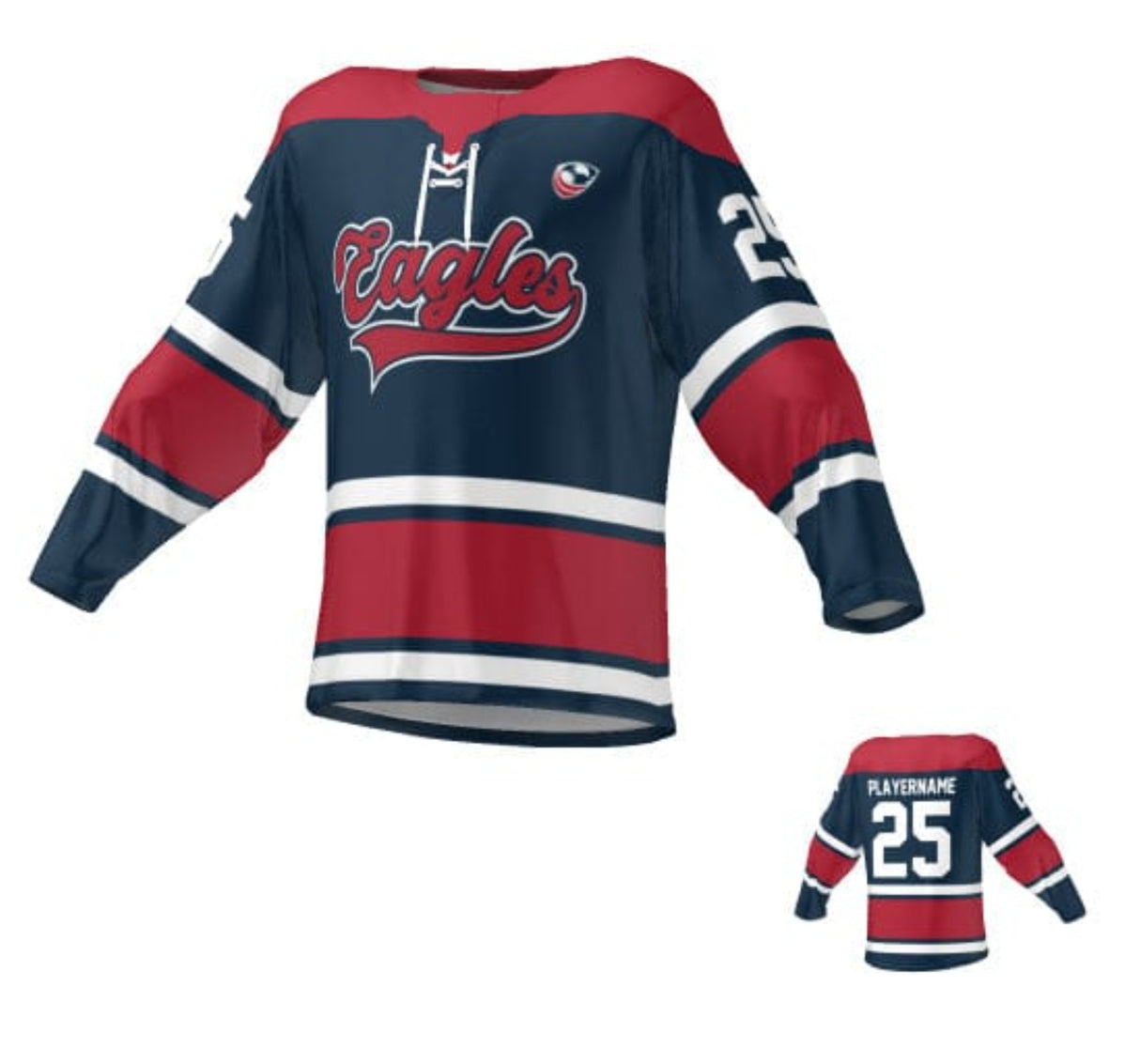A dark blue and red USA Rugby Classic Lace-Up Hockey Jersey with the word "Eagles" and the number 25 on it, displayed in two views: front and back by Teamatical.
