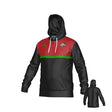 The NOVA Barbarians Canterbury Legacy Training Hoodie by Teamatical features a black design with red shoulders, a green chest stripe, white drawstrings, a small left-chest logo, and a plain black back (shown in rear inset).