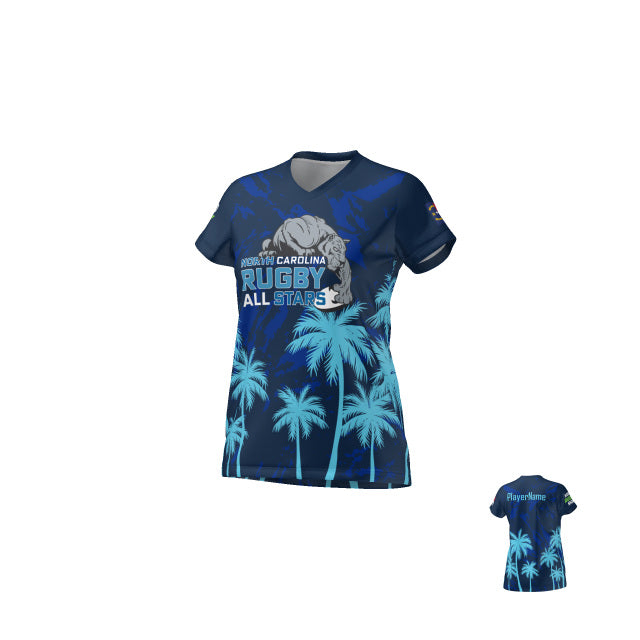 Dark blue NC All Stars Trop 7s Women's Tee by Teamatical with a gorilla, palm tree graphics, and "South Carolina Rugby All Stars" text.