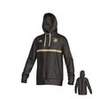 The Teamatical West Point Canterbury Legacy Training Hoodie features a black design with a gold horizontal chest stripe, white drawstrings, and a crest logo on the left chest. Back view included.