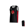Teamatical Godzilla Rugby Canterbury Kirra Performance Singlet in black, a sleeveless sports jersey with red side panels, features a dragon graphic and the word “Godzilla” on the front; the back displays solid black with red side detailing.