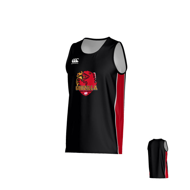 Teamatical Godzilla Rugby Canterbury Kirra Performance Singlet in black, a sleeveless sports jersey with red side panels, features a dragon graphic and the word “Godzilla” on the front; the back displays solid black with red side detailing.