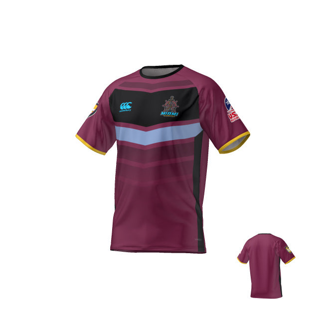 The Teamatical MENS ECO-SUBLIMATE SS RAGLAN TEE features maroon short sleeves, black and gray accents, a crest on the left chest, sponsor logos, and yellow sleeve trim; front and back views displayed.