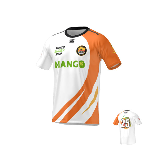 The Teamatical MENS MAKA JERSEY REGULAR features a white and orange design with a black collar, sponsor logos "World Rugby Shop" and "Mango," and number 25 on the back.