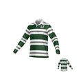 The Birmingham Steel DNA LS Pique Polo Shirt by Teamatical features green and white stripes, a white collar, and a crest on the left chest; rear view is shown in a smaller image.