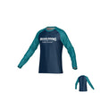 The Teamatical NC Megalodons DNA Sydney LS Crew Tee features teal sleeves, a navy blue body, and "MEGALODONS RUGBY ACADEMY" on the front. This moisture-wicking tee offers UPF 50 protection—ideal for active days.