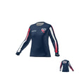 The Teamatical USAWR LS TRAINING TEE - WMNS is a dark blue long-sleeve top featuring red, white, and blue sleeve stripes, a team logo on the front, and "USA" printed on the back.