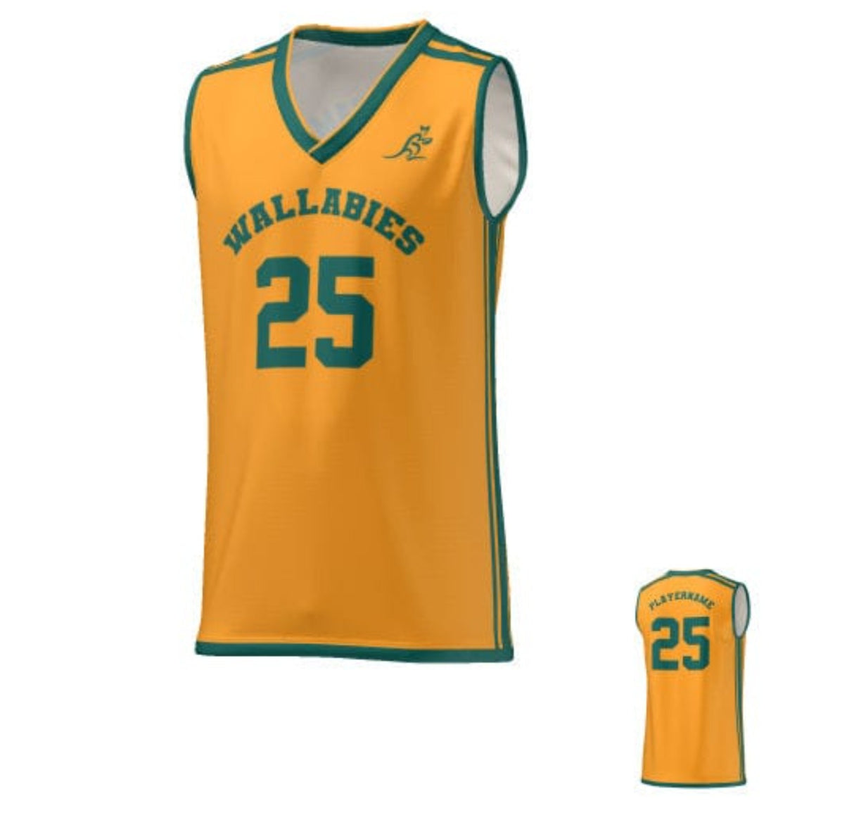 Yellow and green Teamatical Wallabies basketball jersey with the number 25 displayed, alongside a smaller image of the jersey's side view.