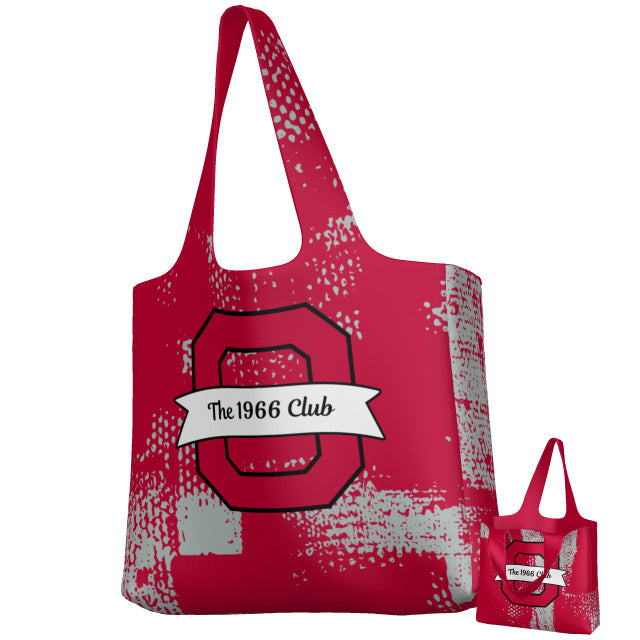 The Teamatical Ohio State University Alumni DNA Packable Zip Tote features a bold red design with a large stylized “O,” a white “The 1966 Club” banner, and a gray distressed pattern for classic alumni style.