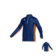 The Teamatical New Saint Andrews College Canterbury Kirra Mid-layer 1/4 Zip is a navy blue long-sleeve athletic pullover featuring orange side panels, a quarter-zip front, and a small logo on the left chest; the back view is displayed in the lower right corner.