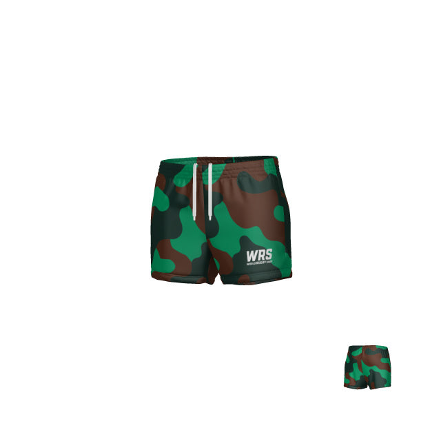 Teamatical WRS WOMENS PRO SHORT - CAMO features green and brown camo athletic shorts with white drawstrings and "WRS" text on the left leg, shown in two sizes against a white background.
