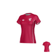 Front and back view of a red New Saint Andrews College Ashdown Womens CCC Raglan Training Tee with a white chest logo, left-chest crest, and white side panels.