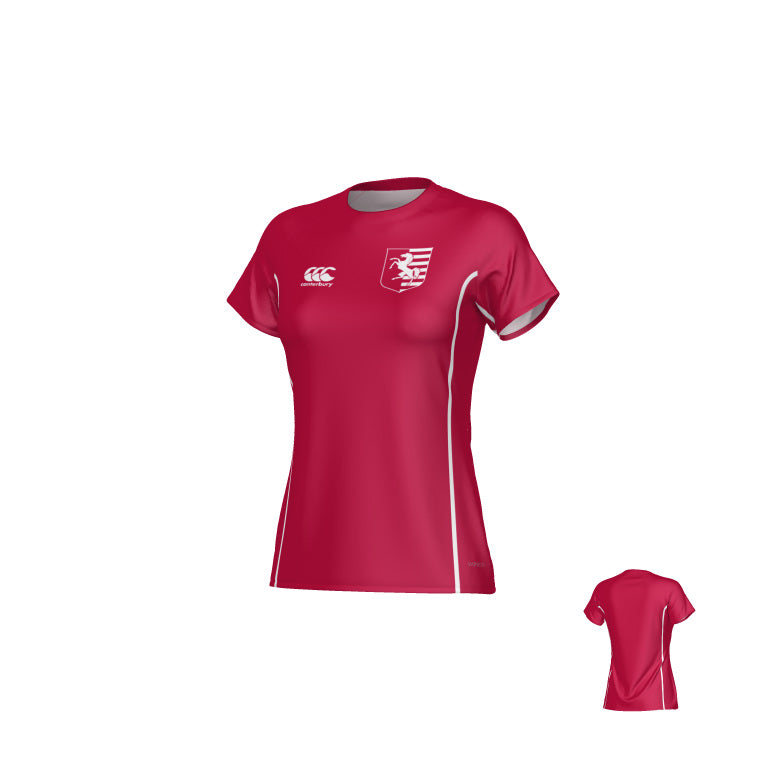 Front and back view of a red New Saint Andrews College Ashdown Womens CCC Raglan Training Tee with a white chest logo, left-chest crest, and white side panels.