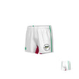White athletic shorts by Teamatical, called Bozeman Cutthroats Canterbury Yokohama Match Shorts, with green and red accents, a left leg fish graphic, and the "Bozeman Cutthroats" rugby logo.