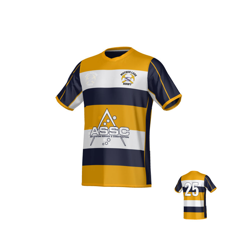 Mother Lode DNA Oxford Reversible Jersey with blue and yellow horizontal stripes, premium embroidery, “Mother Lode Rugby” and “ASSC” logos on the front, and the number 25 on the back.
