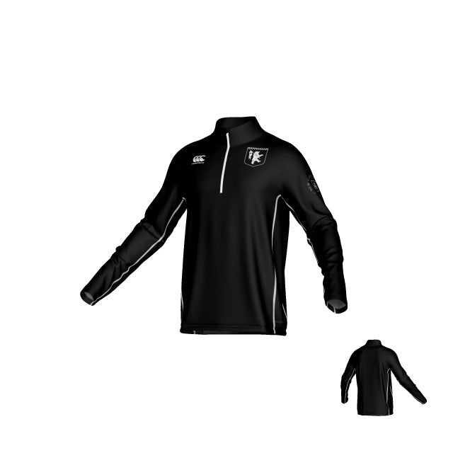 The Teamatical New Saint Andrews College Malta Canterbury Kirra Mid-layer 1/4 Zip is a black long-sleeve athletic pullover featuring white accents and logos on the chest and right sleeve, displayed from both the front and back.