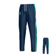Teamatical NC Megalodons DNA Denver Woven Pants in navy blue with teal side stripes, white drawstring, and a small white logo on the left thigh; front and back views shown.