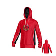 The Teamatical Godzilla Rugby Canterbury Kirra Performance Hoody in red features black and white accents, a front graphic of an eagle with the text “GOLDZILLA,” and is shown from both front and back angles. Designed as premium rugby apparel, this sweatshirt delivers moisture-wicking comfort for active wear.