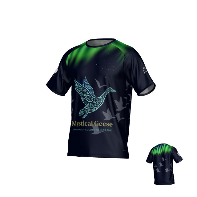 Teamatical Mystical Geese Canterbury Performance Tee in black features green aurora-inspired accents, a stylized goose graphic, and "Mystical Geese" alongside "Vancouver Golden Oldies 2027" text. Silhouette geese and aurora motifs are displayed on both the front and back.