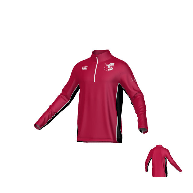 The Teamatical New Saint Andrews College Ashdown Canterbury Kirra Mid-layer 1/4 Zip features a red and black long-sleeve design with a quarter-zip front and a white crest logo on the left chest, displayed from both front and back views.
